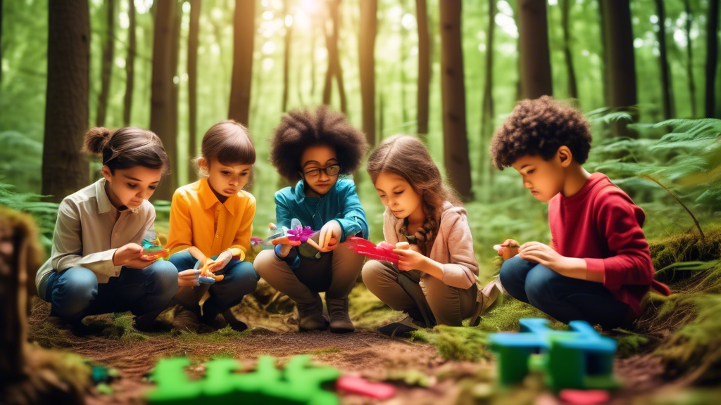 A group of children exploring a forest, discovering hidden math concepts and scientific principles through hands-on activities and experiments.