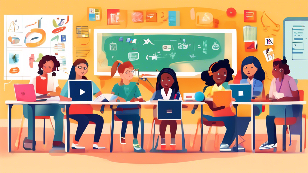 A diverse classroom setting where students and teachers are using a variety of assistive technology tools to communicate effectively. The tools should be designed to support students with disabilities