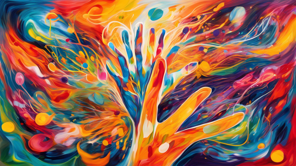 An abstract painting that represents the interconnectedness of the senses and the way they contribute to learning. The painting could include symbols of different senses, such as hands reaching out to