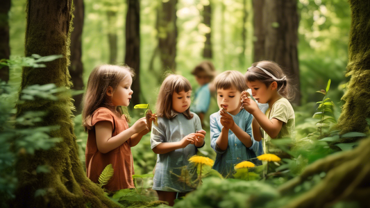 A group of children exploring a forest, touching leaves, smelling flowers, listening to birds singing, and looking at insects. The image should convey a sense of wonder and discovery, and the importan