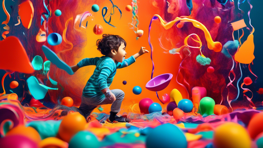 Surreal and whimsical scene depicting the sensory experience of a child engaging in play, with vibrant colors, tactile textures, and flowing shapes symbolizing the stimulation of different senses for 