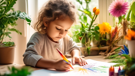 A young child drawing with colorful crayons on a large piece of paper, surrounded by natural elements such as plants, flowers, and sunlight. The drawing should reflect the principles of Montessori and