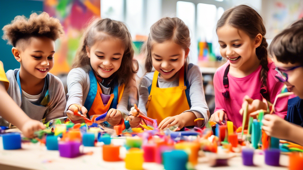 Photo of a group of children enthusiastically engaging in hands-on STEAM activities in an afterschool setting, with colorful materials and equipment scattered around them, reflecting the playful and e