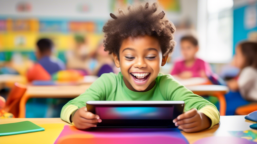 Create an image of a young child joyfully interacting with educational technology devices, such as tablets or interactive learning tools, in a bright and colorful classroom setting. Show the child fully engaged and absorbed in the learning activities