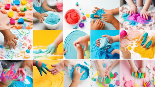 A montage of images that evoke sensory play: hands squishing play dough, fingers tracing letters in shaving cream, children exploring a sensory bin filled with different textures and objects.