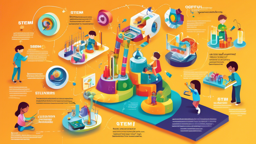 A colorful and engaging infographic illustrating the key concepts and benefits of STEM education for early learners, featuring children exploring hands-on activities in science, technology, engineerin