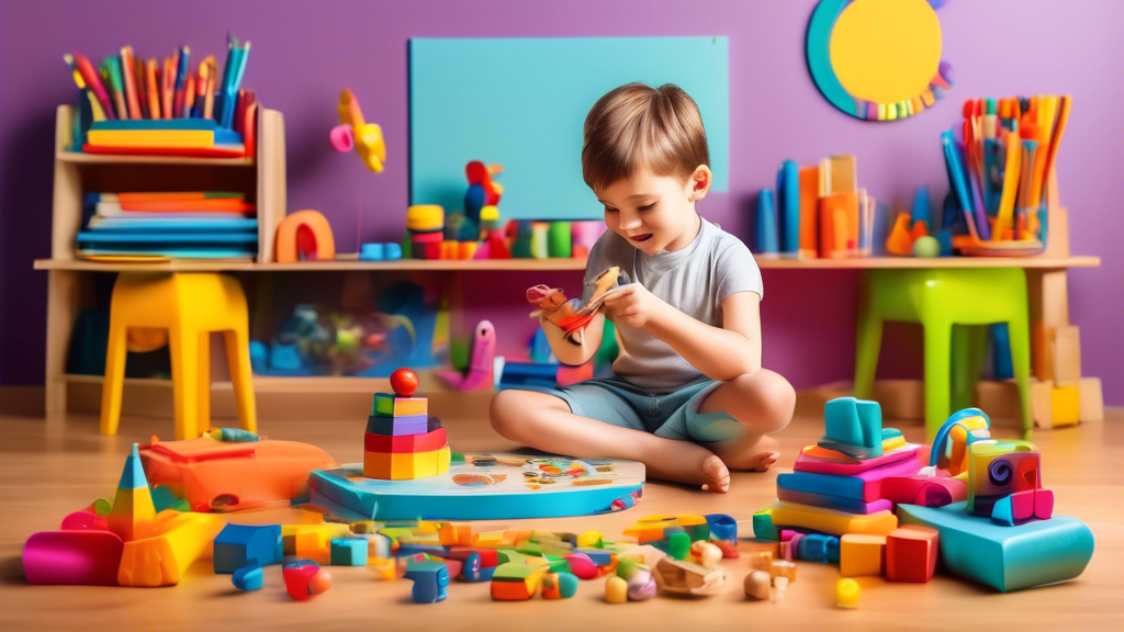 Create an image of a colorful and interactive learning environment for young children, featuring a variety of educational toys, books, puzzles, and art supplies. The scene should showcase a vibrant and engaging atmosphere that encourages curiosity an