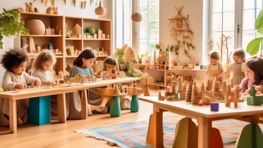 A colorful and vibrant classroom filled with natural materials and wooden toys, children engaged in hands-on activities, depicting the Montessori educational approach. On the other side of the image, 