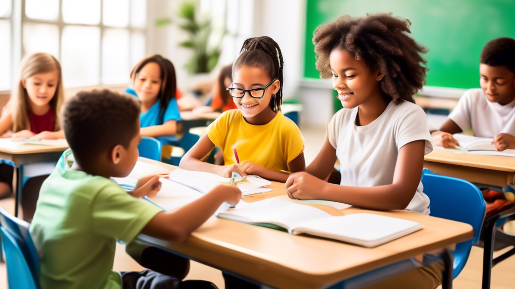 A bright and engaging classroom where students are actively engaged in various literacy activities, such as reading, writing, and discussing, with a focus on integrating literacy into different subjec