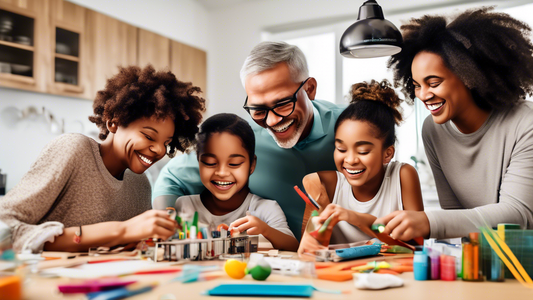 A diverse group of family members working together on a STEM project, smiling and having fun. The project is set up on a kitchen table, and there are various STEM-related supplies scattered around.