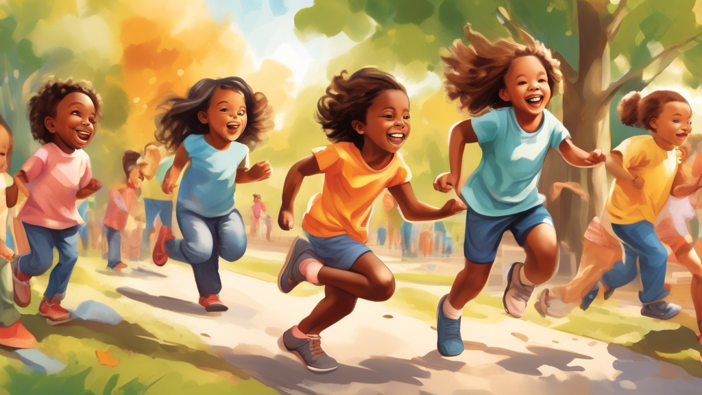 Create an image of a group of children engaging in various outdoor activities that promote the development of gross motor skills, such as running, jumping, climbing, and playing sports. Each child is depicted having fun and being active in a natural 