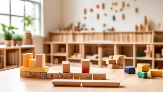 Create a serene and harmonious scene depicting a classroom filled with natural light, featuring essential Montessori and Waldorf materials such as wooden blocks, beeswax crayons, and practical life to