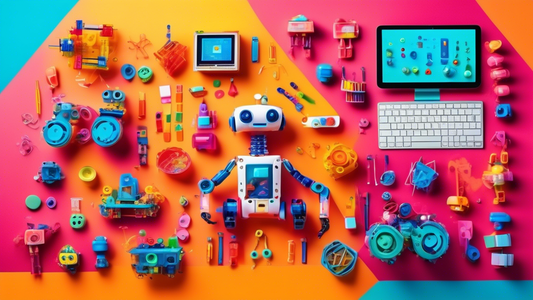 A colorful arrangement of STEM kits for hands-on learning, including robotics, coding, and science experiments, presented on a vibrant and engaging background.