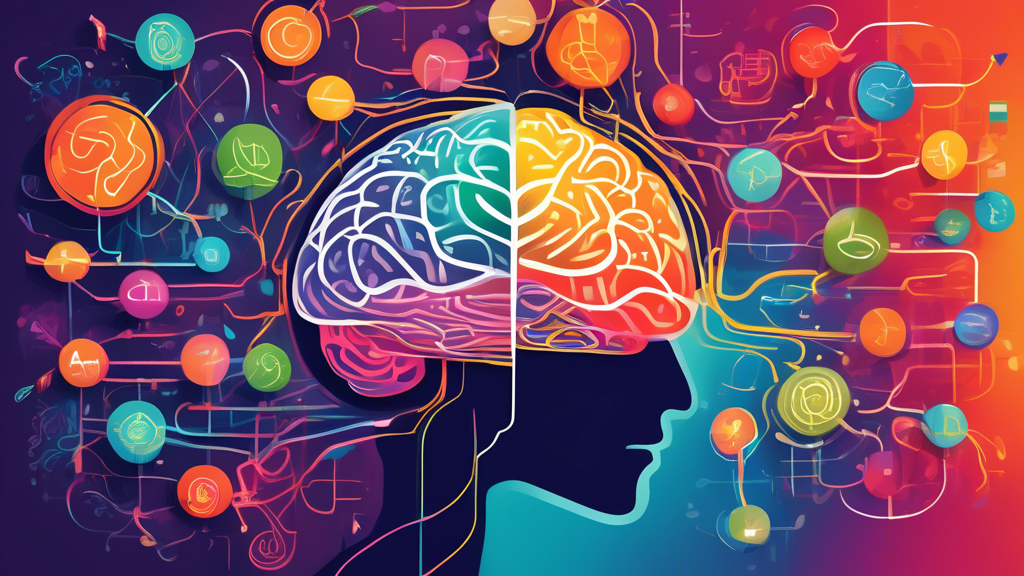 An abstract illustration of a person's brain with pathways connecting to different senses (visual, auditory, kinesthetic, olfactory, gustatory) and each pathway culminates in a book, representing lang