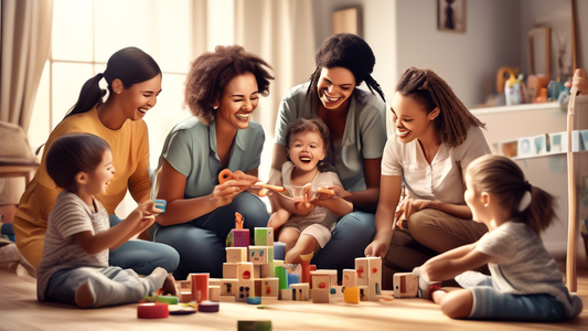 A photorealistic image of a group of caregivers engaged in playful activities with children, such as playing games, making music, or reading stories. The caregivers should be smiling and laughing, and