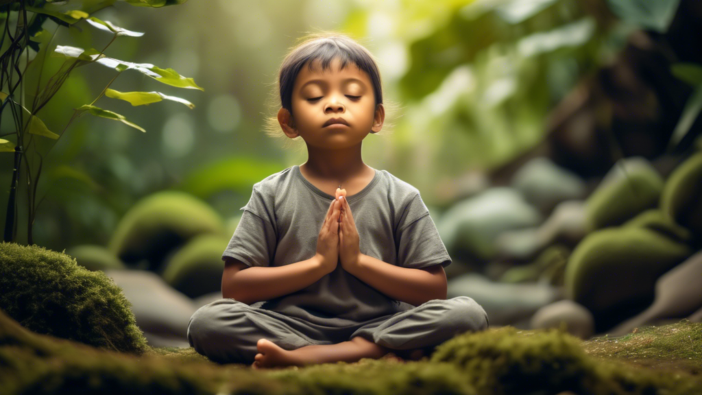 A heartwarming scene of a young child engaged in a mindful practice, surrounded by natural elements that evoke a sense of calm and serenity. The child is depicted in a relaxed and focused posture, pra