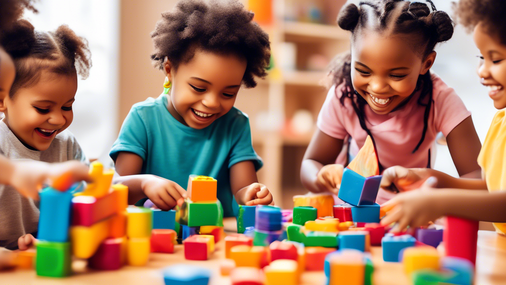 Create an image depicting a diverse group of young children engaged in playful and interactive activities, such as building blocks, painting, playing with toys, or exploring a sensory bin. The children should be smiling and having fun while learning 