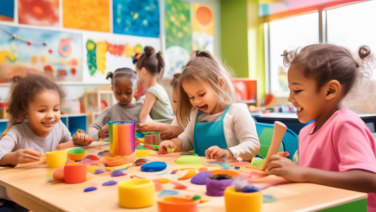 A colorful and vibrant classroom where children are engaged in various multisensory activities that stimulate multiple senses, such as touch, hearing, sight, smell, and taste. Children are shown explo