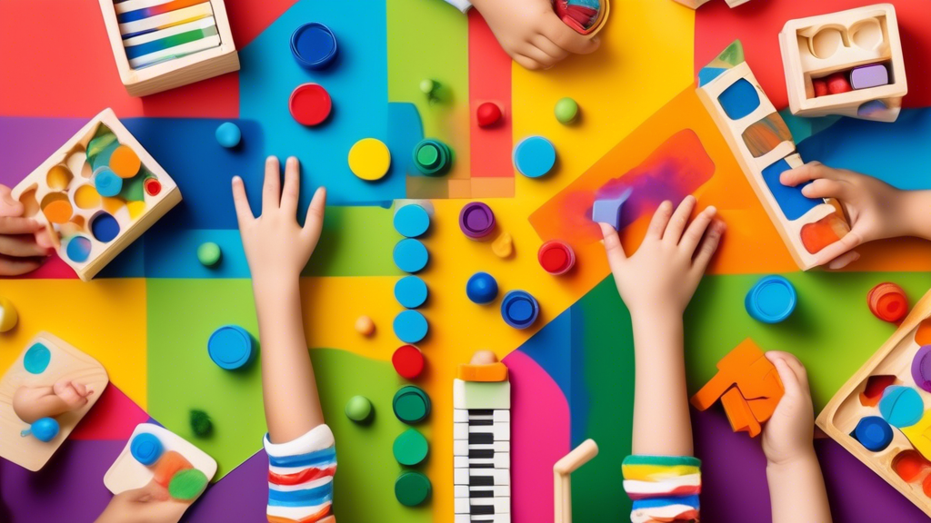 A colourful and engaging image of five hands-on and interactive activities for young children, such as building blocks, painting, puzzles, sensory play, and music instruments, arranged in a playful an
