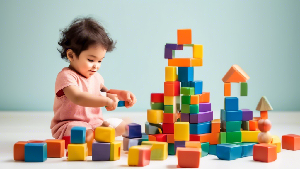 A young child playing with colorful blocks, surrounded by a supportive and nurturing environment, representing the cognitive milestones and developmental journey of early childhood.