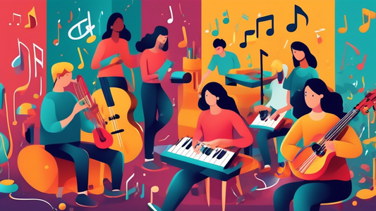 Create an image that depicts the use of music in a multisensory learning environment. Include students interacting with various musical instruments and experiencing different sensory stimuli, such as 