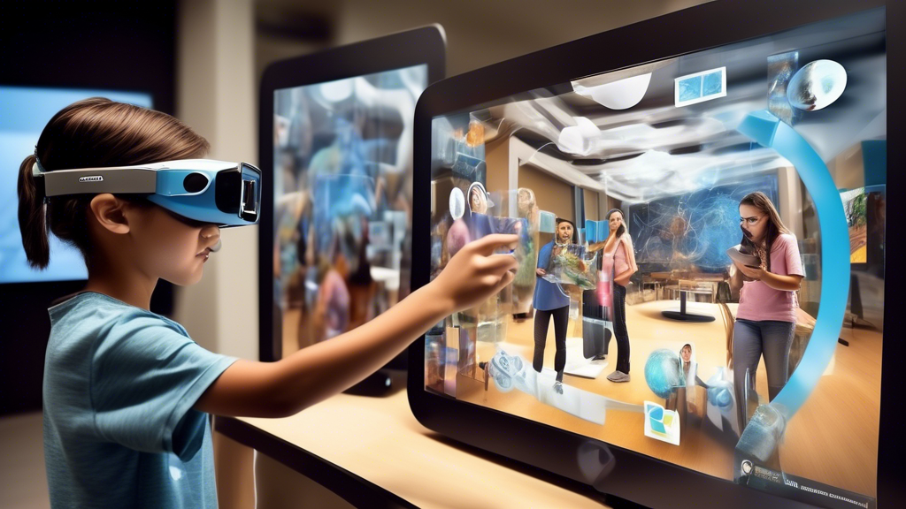 Create a dynamic and futuristic image that captures the transformative power of augmented reality in education. Depict students engaged in an immersive learning experience where virtual content overla