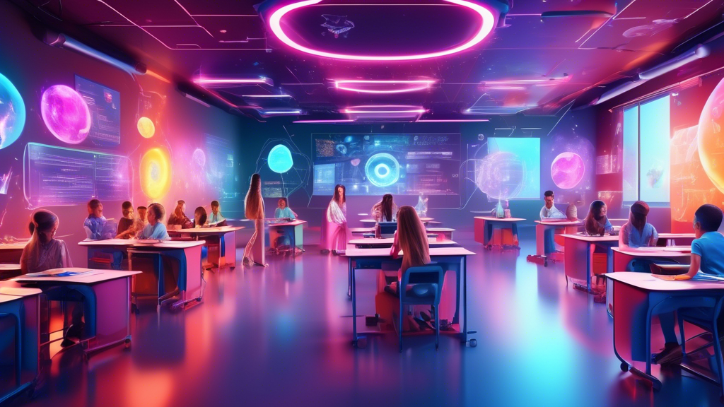 A vibrant and futuristic classroom where students engage with holographic displays and augmented reality interfaces, unlocking boundless cognitive potential. The atmosphere is alive with curiosity, ex