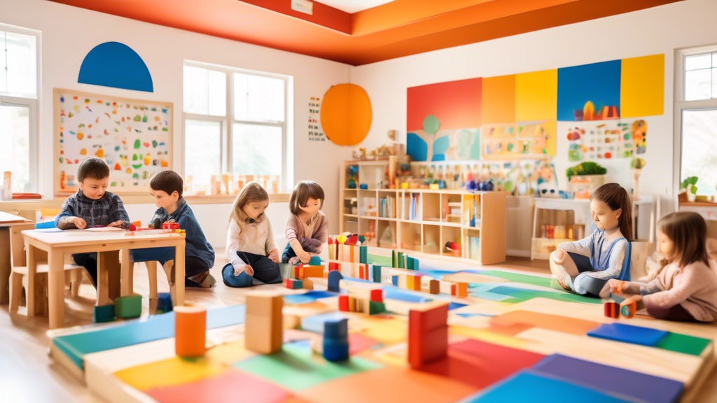 A bright and colorful Montessori classroom filled with children engaged in various activities designed to stimulate cognitive growth. The children are using materials like blocks, puzzles, and books t