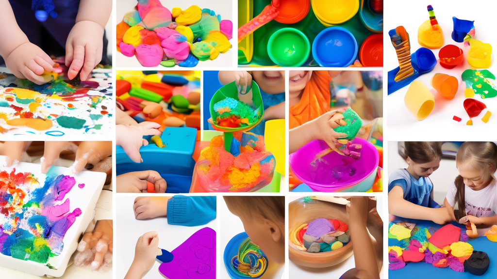 A collage of vibrant images showcasing a variety of hands-on activities tailored for special needs learners, such as sensory bins, tactile playdough creations, building blocks, painting and drawing, m