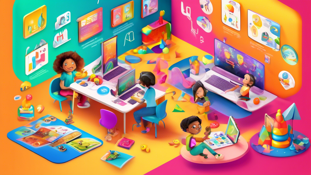 A colorful and engaging digital learning environment where children are immersed in interactive lessons, games, and simulations that foster their curiosity and creativity. The image should showcase a 