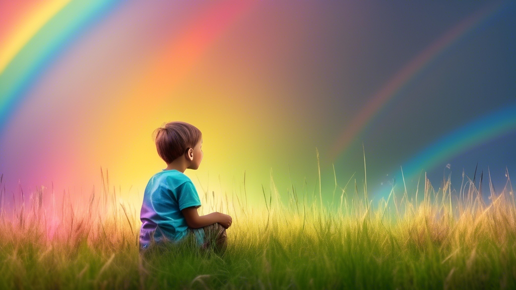 A child sitting in a field of tall grass, surrounded by a vibrant rainbow. The child is looking towards the sky with a sense of wonder and hope, symbolizing the resilience and optimism of young minds.