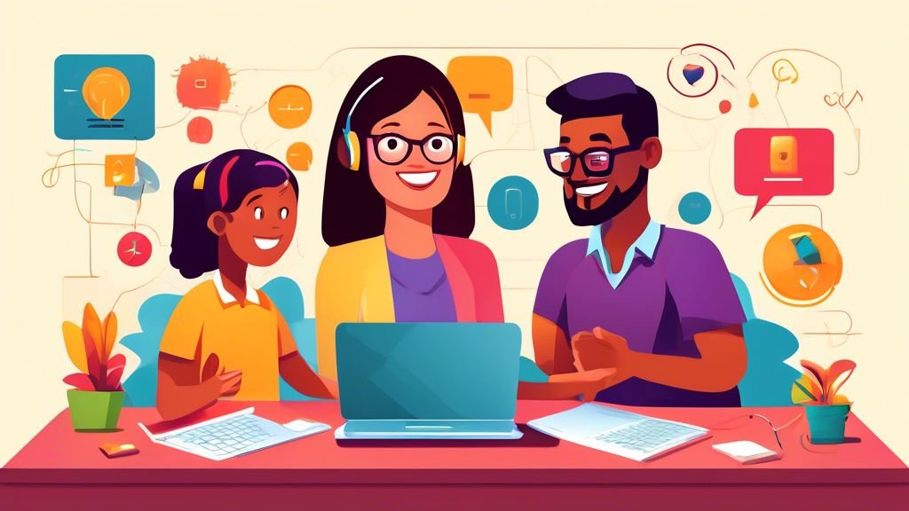 Create a dynamic and engaging image that depicts parents and teachers using interactive digital tools to communicate effectively for the benefit of students. The image should showcase the empowerment 