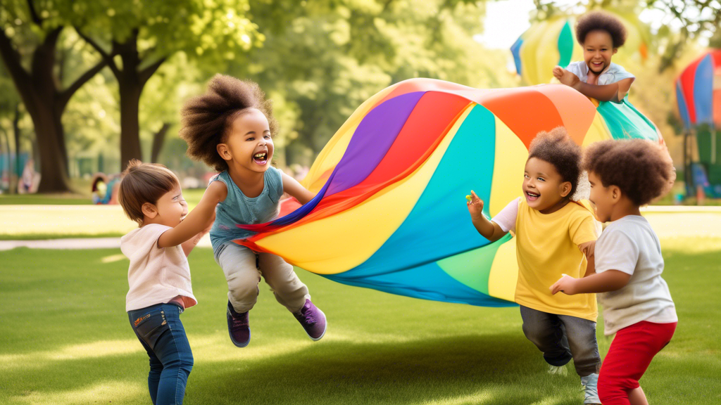 A toddler playing with a colorful parachute with other children under the watchful eye of an adult supervisor, in a park setting with trees and a playground in the background. The toddler is smiling a