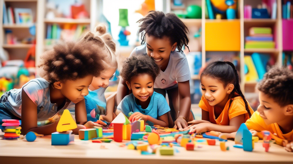 A diverse group of children exploring a colorful and interactive learning environment filled with books, puzzles, and educational toys, fostering their growth and development