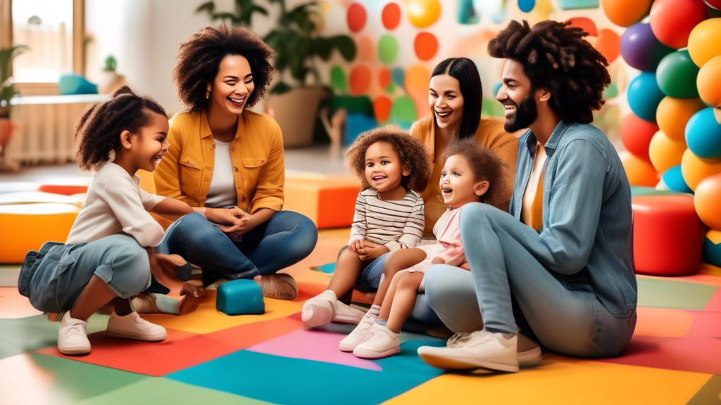 A group of diverse parents sitting in a circle, smiling and talking to each other, while their young children play nearby in a colorful and stimulating play area.
