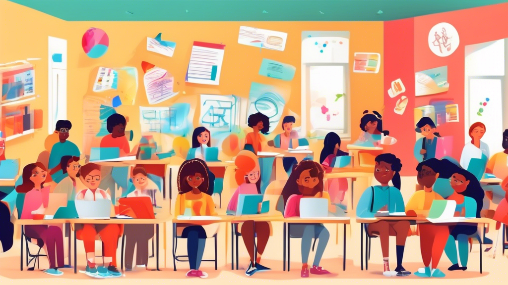 A bustling classroom filled with students of diverse backgrounds and learning styles, each engaged in different learning activities tailored to their individual needs, surrounded by supportive teacher