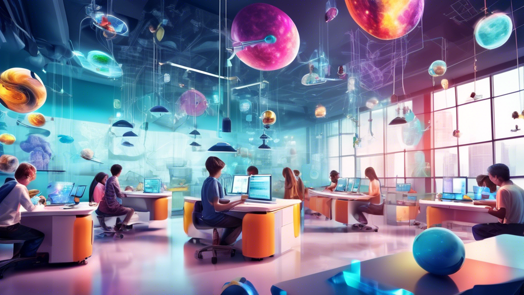 A futuristic classroom where students are engaged in hands-on learning activities that combine science, technology, engineering, art, and math, promoting creativity, innovation, and problem-solving.