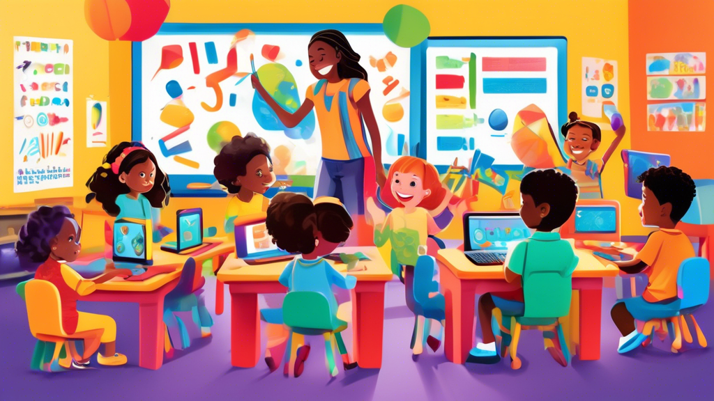 A vibrant and cheerful classroom scene where children of diverse backgrounds are enthusiastically engaged in interactive learning activities. The room is filled with colorful learning tools, digital d