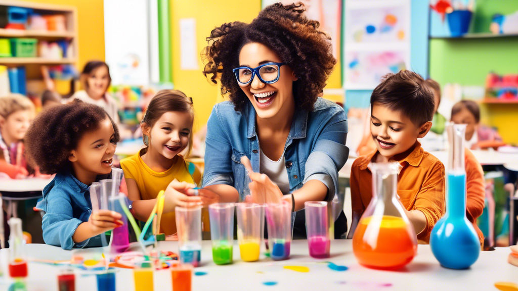 An enthusiastic kindergarten teacher leading a group of young children in a hands-on science experiment, surrounded by colorful learning materials and smiling faces.