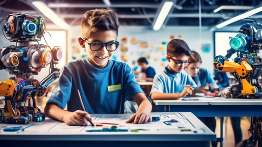A dynamic and futuristic classroom where students are engaged in hands-on STEM learning, surrounded by advanced technology, robots, and innovative projects, inspiring a vision of career readiness in t