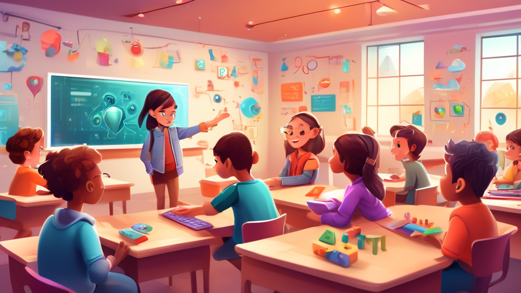 Classroom scene with kids interacting with AI-powered learning tools that adapt to their attention levels, providing personalized and engaging learning experiences for children with ADHD.