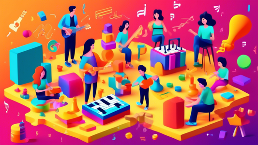 Generate an image of a group of multisensory games, such as puzzles, building blocks, and musical instruments, in a brightly colored and stimulating environment, with people of different ages interact