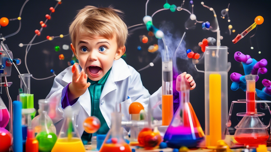 A young child in a laboratory coat, surrounded by colorful science equipment, making a variety of facial expressions as they conduct fun experiments that engage their senses of sight, hearing, touch, 