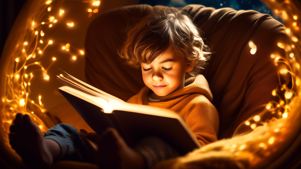 A child sitting in a cozy chair, engrossed in a book, with a warm, golden glow illuminating the scene. The child's imagination is depicted as a vibrant world of characters and adventures swirling arou