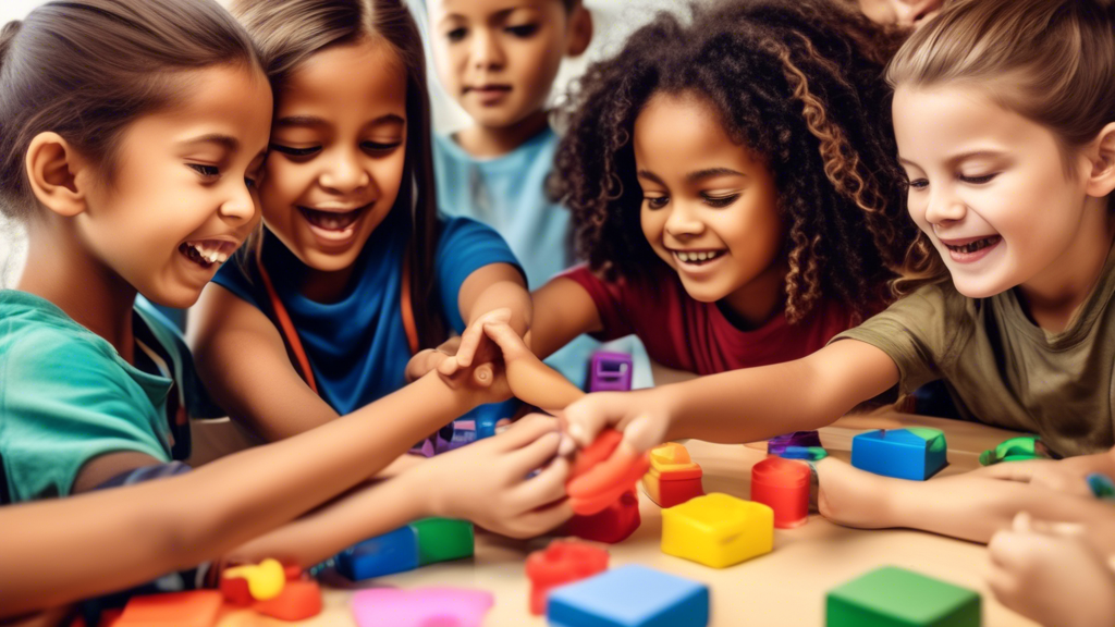 A group of diverse children interacting in a playful and collaborative learning environment that fosters social-emotional growth, with hands-on activities and supportive adults facilitating the experi
