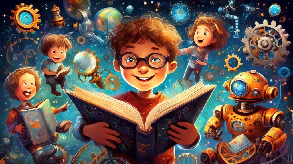 A whimsical digital painting of children of various ages and backgrounds excitedly reading books about science, technology, engineering, and math. The children are surrounded by vibrant illustrations 