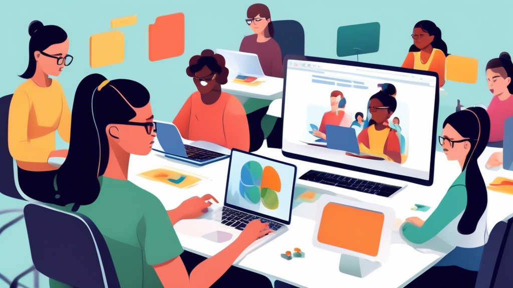 A virtual classroom with students using adaptive learning software on their laptops, with a teacher in the foreground providing guidance and support