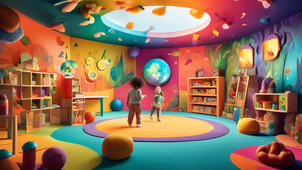 A colorful and engaging multisensory storytelling environment for children, featuring interactive elements, tactile materials, and vibrant illustrations. The scene should convey a sense of joy, imagin