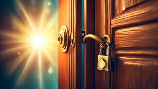 A key magically unlocking a lock on a door, the light of inspiration shining through the open door, representing the unlocking of a growth mindset.