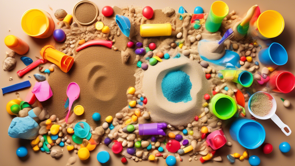 A colorful and interactive sensory bin explosion with various textures, shapes, and objects, including sand, water, beans, play dough, and toys, inviting children to engage in hands-on learning and ex